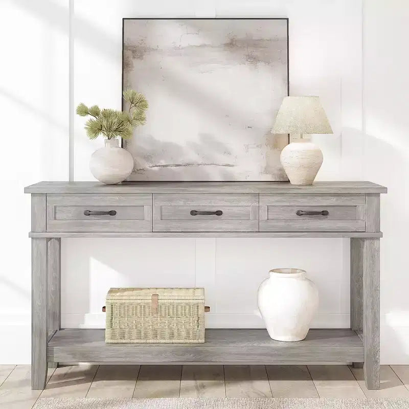 Farmhouse Console Table with 3 Drawers & Open Storage Shelf  2-Tier Wooden Sofa Table  Ideal for Entryway, Living Room, Hallway or Foyer