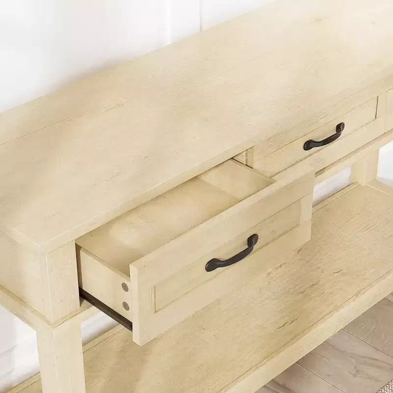 Farmhouse Console Table with 3 Drawers & Open Storage Shelf  2-Tier Wooden Sofa Table  Ideal for Entryway, Living Room, Hallway or Foyer