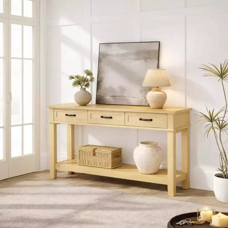 Console de ferme avec 3 tiroirs et étagère de rangement ouverte Table de canapé en bois à 2 niveaux Idéale pour l'entrée, le salon, le couloir ou le hall d'entrée