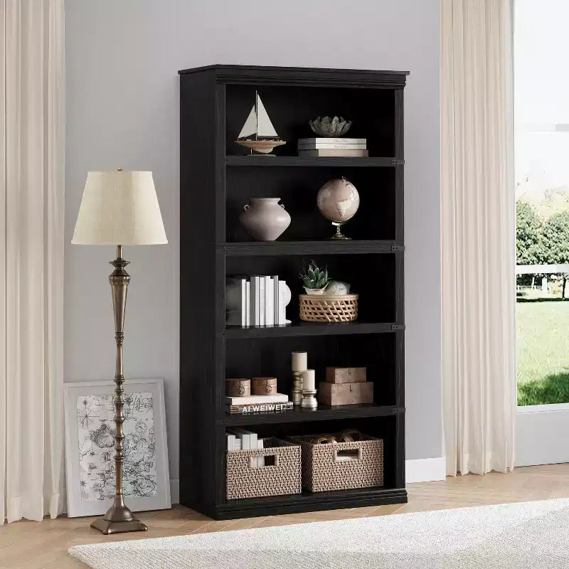 Acekool 5 Tier Farmhouse Bookcase Tall Wooden Open Shelf Bookcase for Living Room Home Office