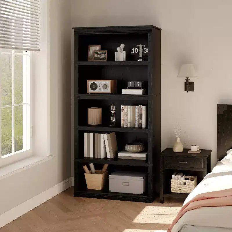 Acekool 5 Tier Farmhouse Bookcase Tall Wooden Open Shelf Bookcase for Living Room Home Office