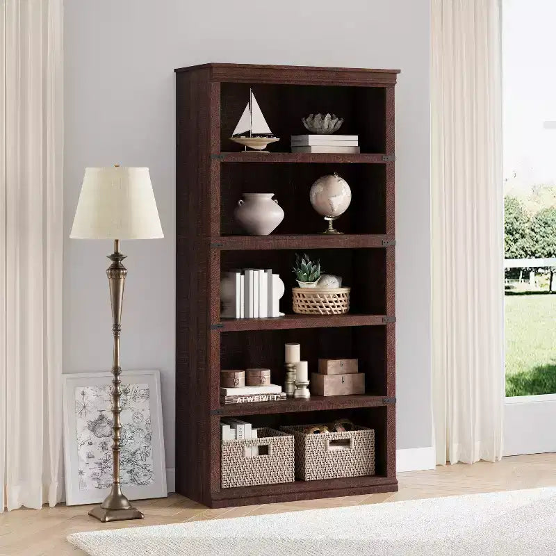 Acekool 5 Tier Farmhouse Bookcase Tall Wooden Open Shelf Bookcase for Living Room Home Office