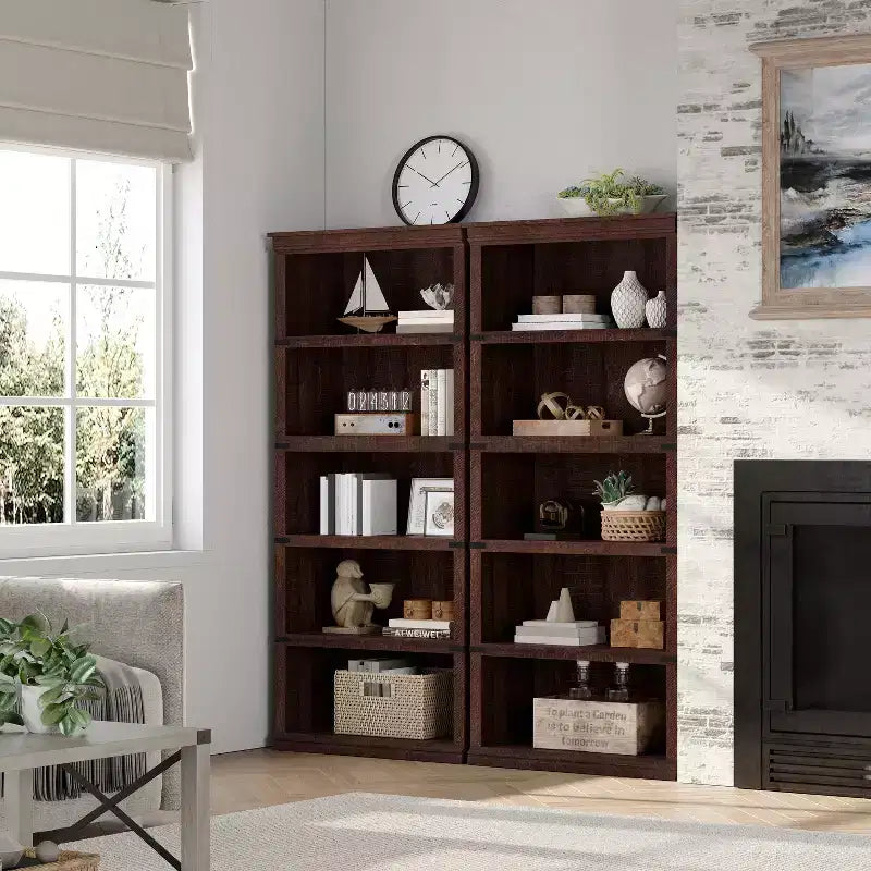 Acekool 5 Tier Farmhouse Bookcase Tall Wooden Open Shelf Bookcase for Living Room Home Office