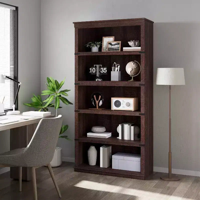 Acekool 5 Tier Farmhouse Bookcase Tall Wooden Open Shelf Bookcase for Living Room Home Office