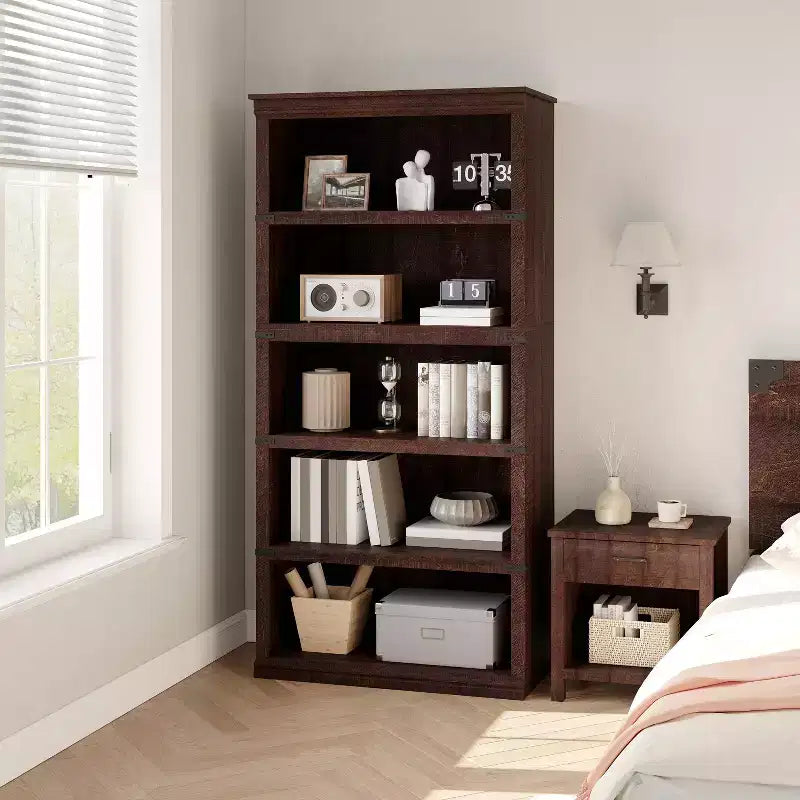 Acekool 5 Tier Farmhouse Bookcase Tall Wooden Open Shelf Bookcase for Living Room Home Office