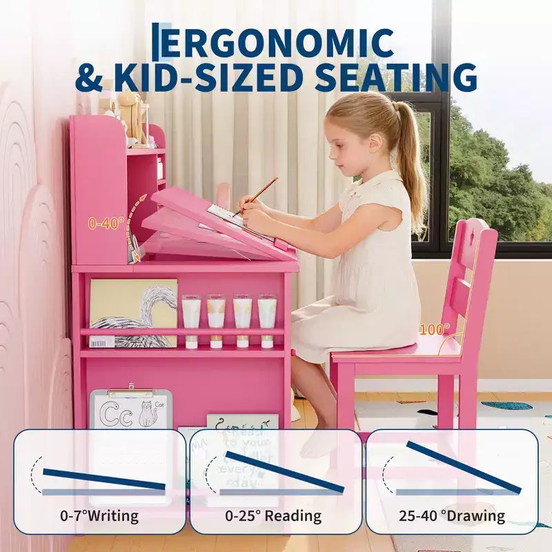 Acekool Kids Study Desk and Chair Set with Hutch Tiltable Desktop and Storage for Bedroom Home School