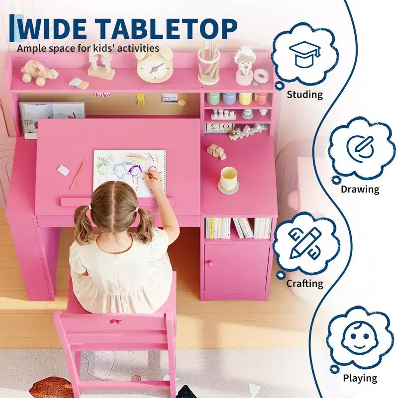 Acekool Kids Study Desk and Chair Set with Hutch Tiltable Desktop and Storage for Bedroom Home School