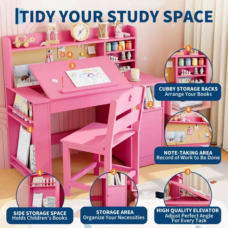 Acekool Kids Study Desk and Chair Set with Hutch Tiltable Desktop and Storage for Bedroom Home School