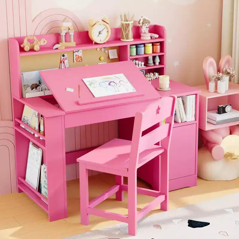 Acekool Kids Study Desk and Chair Set with Hutch Tiltable Desktop and Storage for Bedroom Home School