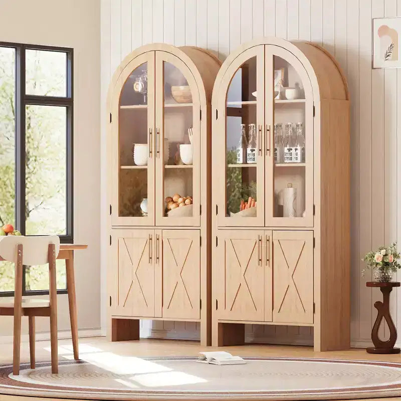 Arched Display Cabinet 60 Kitchen Storage with Adjustable Shelves Glass Doors Modern Wood Pantry for Bathroom Entryway Dining Room