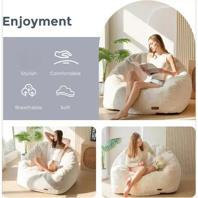 Summit Adventure Giant Shell Shaped Bean Bag Chair Oversized Faux Fur Couch for Adults Kids with Filler Beige