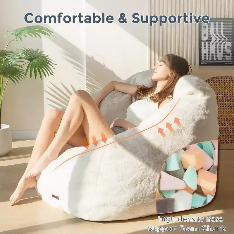 Summit Adventure Giant Shell Shaped Bean Bag Chair Oversized Faux Fur Couch for Adults Kids with Filler Beige