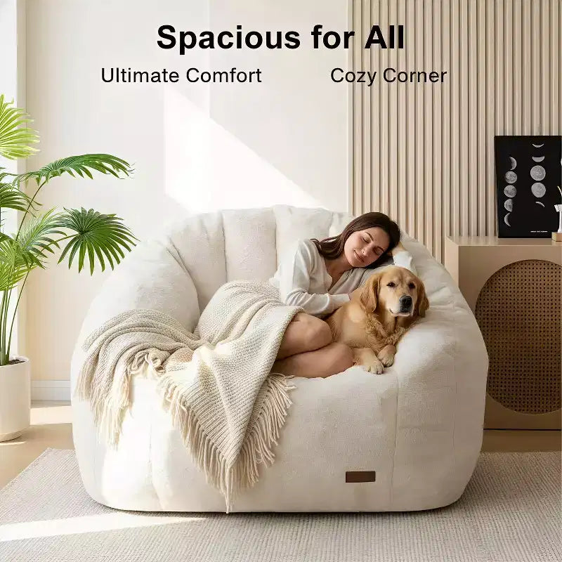 Summit Adventure Giant Shell Shaped Bean Bag Chair Oversized Faux Fur Couch for Adults Kids with Filler Beige