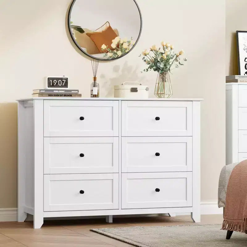 White 6-Drawer Dresser - Large Modern Wooden Chest with Deep Drawers & Metal Knobs for Bedroom or Entryway