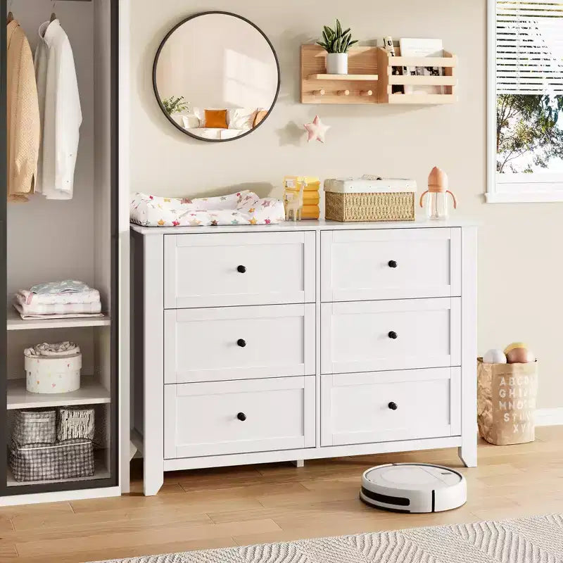 White 6-Drawer Dresser - Large Modern Wooden Chest with Deep Drawers & Metal Knobs for Bedroom or Entryway