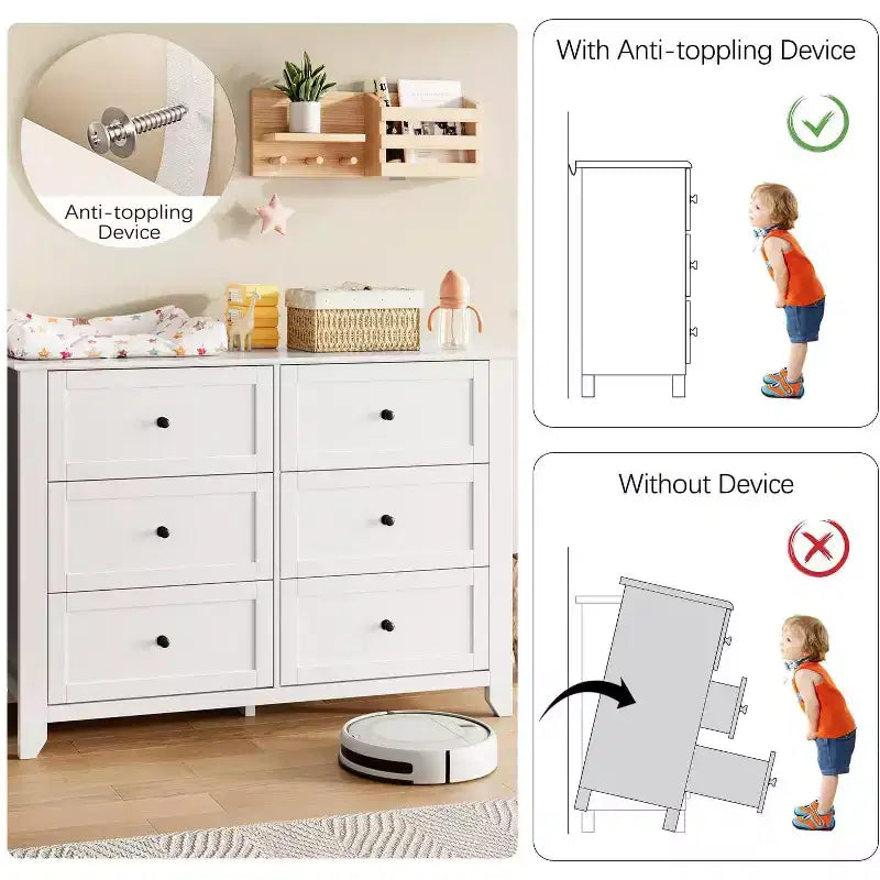 White 6-Drawer Dresser - Large Modern Wooden Chest with Deep Drawers & Metal Knobs for Bedroom or Entryway