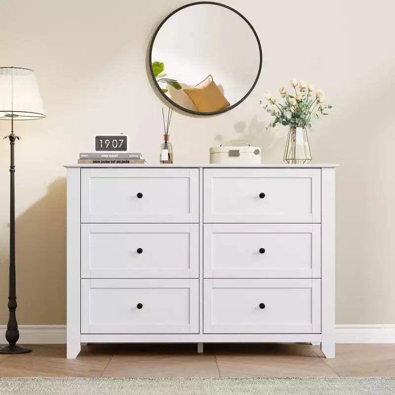 White 6-Drawer Dresser - Large Modern Wooden Chest with Deep Drawers & Metal Knobs for Bedroom or Entryway