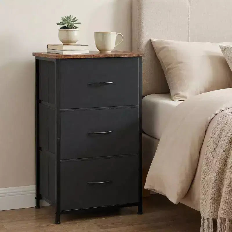 COZONY Commode 3 tiroirs avec bacs en tissu, meuble de rangement compact aspect bois pour chambre, placard, entrée