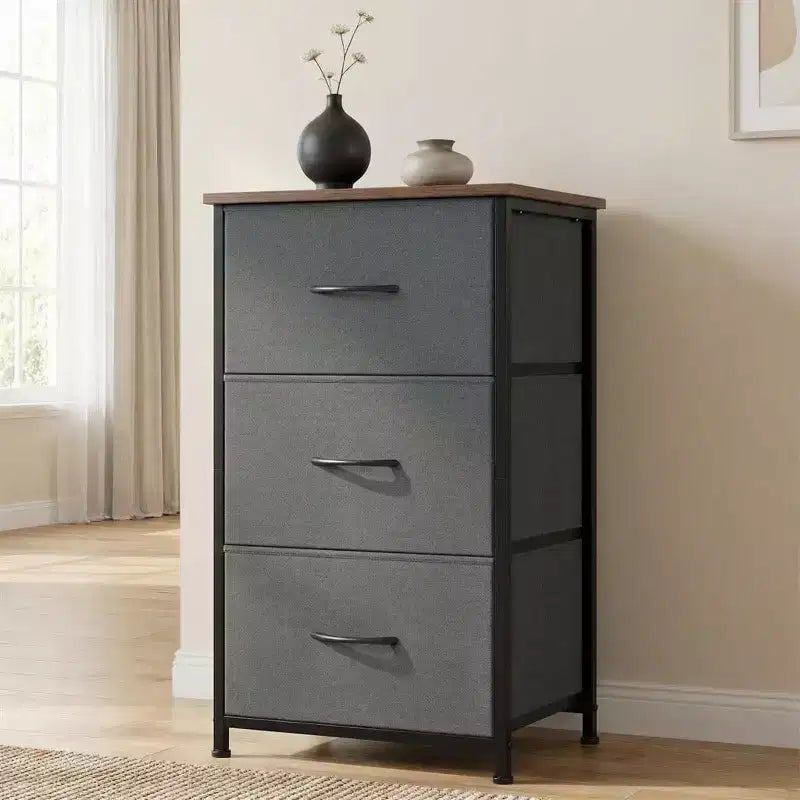 COZONY Commode 3 tiroirs avec bacs en tissu, meuble de rangement compact aspect bois pour chambre, placard, entrée