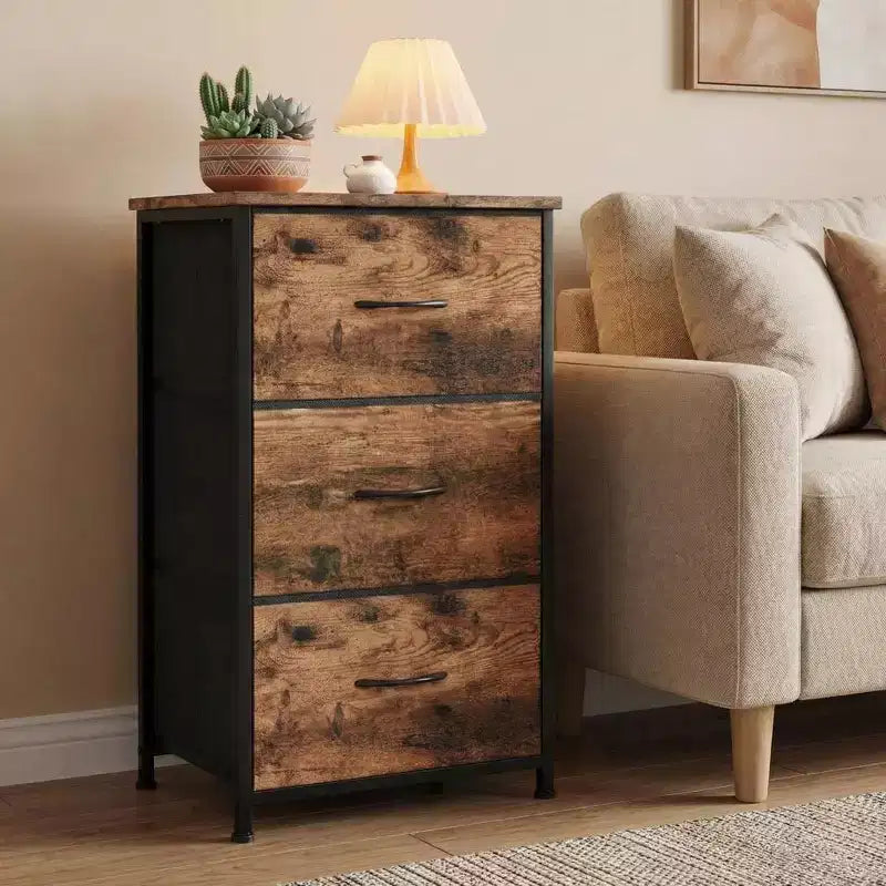 COZONY Commode 3 tiroirs avec bacs en tissu, meuble de rangement compact aspect bois pour chambre, placard, entrée