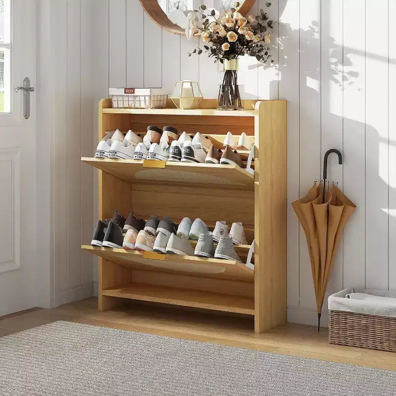 Meuble de rangement pour chaussures à 2 tiroirs basculants - Organisateur étroit autoportant avec portes en rotin pour entrée et couloir, couleur bois naturel