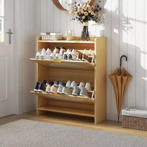 Meuble de rangement pour chaussures à 2 tiroirs basculants - Organisateur étroit autoportant avec portes en rotin pour entrée et couloir, couleur bois naturel