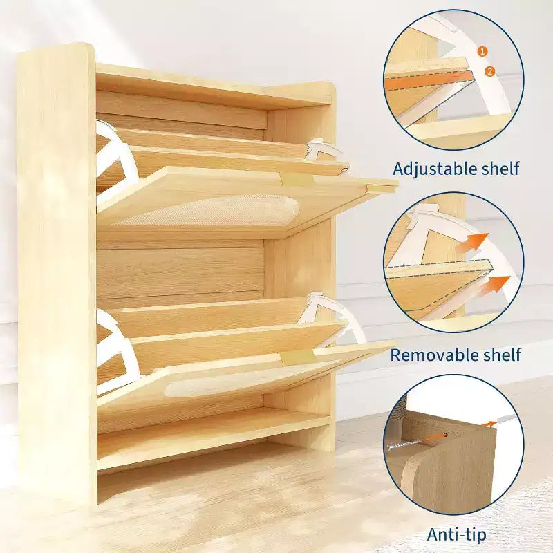 Meuble de rangement pour chaussures à 2 tiroirs basculants - Organisateur étroit autoportant avec portes en rotin pour entrée et couloir, couleur bois naturel