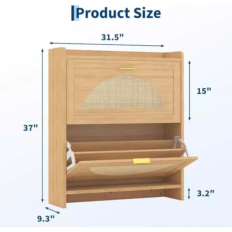 Meuble de rangement pour chaussures à 2 tiroirs basculants - Organisateur étroit autoportant avec portes en rotin pour entrée et couloir, couleur bois naturel