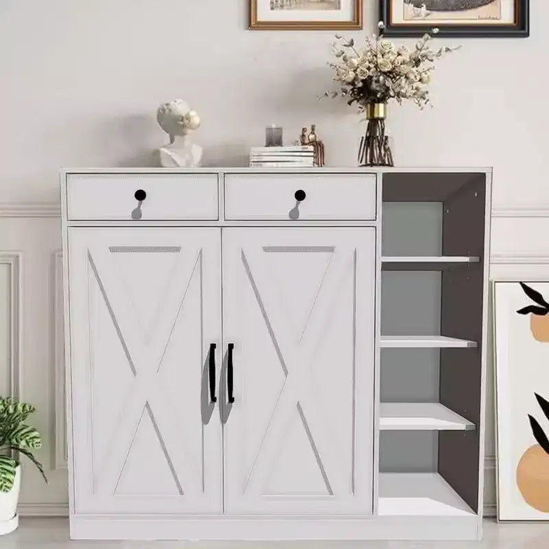 Shoe Cabinet for Entryway with Doors, Hooks & 3 Open Racks - 4 Adjustable Shelves Storage Organizer for Hallway and Living Room, White