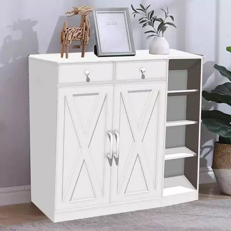 Shoe Cabinet for Entryway with Doors, Hooks & 3 Open Racks - 4 Adjustable Shelves Storage Organizer for Hallway and Living Room, White