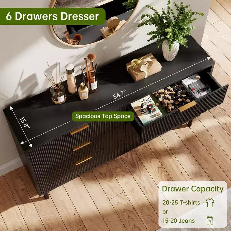 Black Wave Fluted 6 Drawer Dresser, Modern Wood Double Dresser with Metal Legs & Handles, Anti-Tipping Chest for Bedroom & Living Room