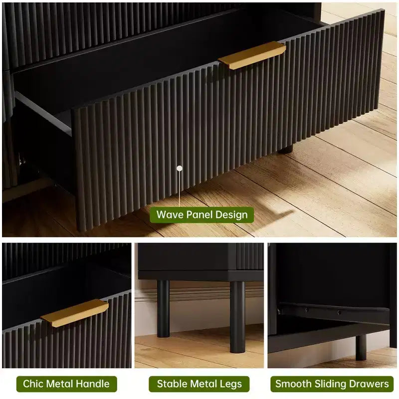 Black Wave Fluted 6 Drawer Dresser, Modern Wood Double Dresser with Metal Legs & Handles, Anti-Tipping Chest for Bedroom & Living Room