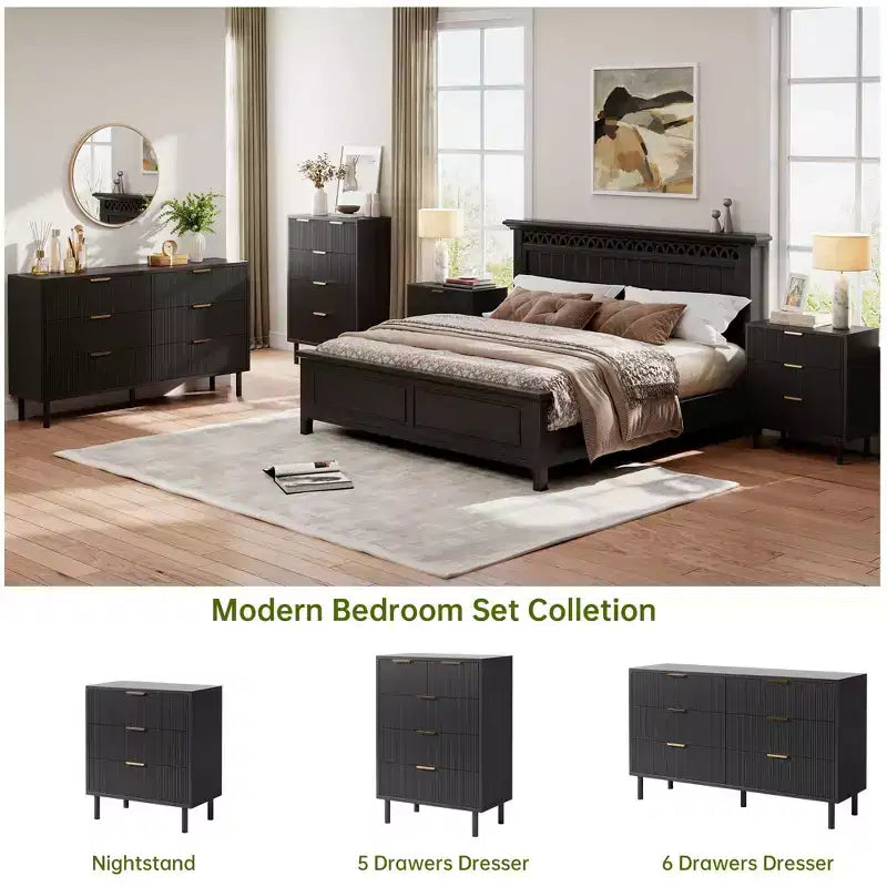Black Wave Fluted 6 Drawer Dresser, Modern Wood Double Dresser with Metal Legs & Handles, Anti-Tipping Chest for Bedroom & Living Room