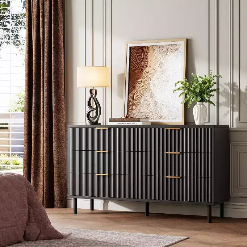 Black Wave Fluted 6 Drawer Dresser, Modern Wood Double Dresser with Metal Legs & Handles, Anti-Tipping Chest for Bedroom & Living Room