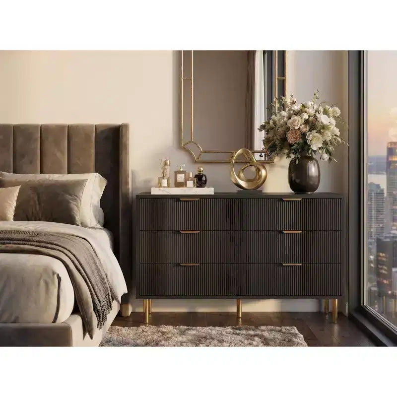 Black Wave Fluted 6 Drawer Dresser, Modern Wood Double Dresser with Metal Legs & Handles, Anti-Tipping Chest for Bedroom & Living Room