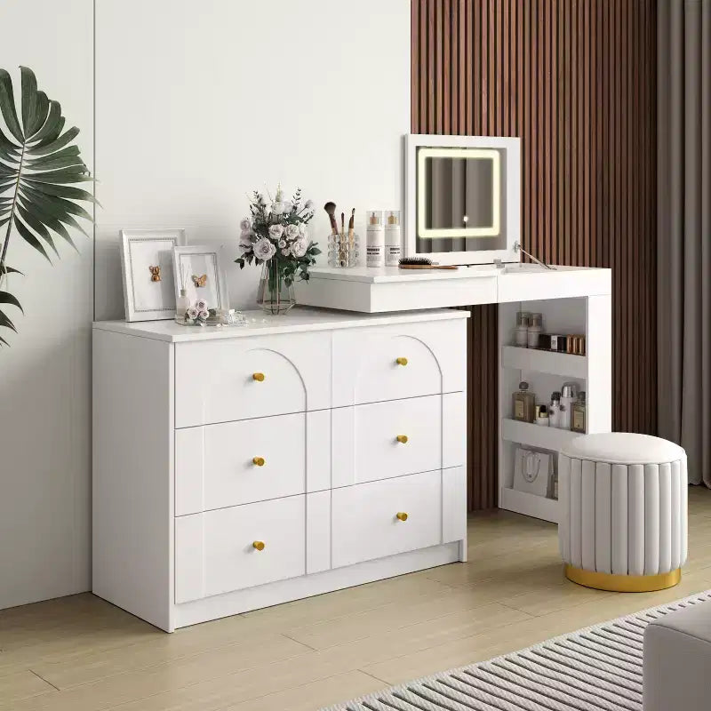 JVNOXK Vanity Desk with LED Mirror and Lights, Flip-Top Makeup Vanity Table with 7 Drawers, 9 Compartments, 3 Shelves, 3 Color Modes Adjustable, White
