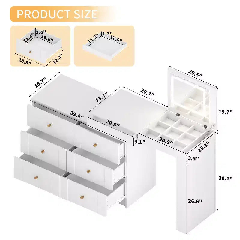 JVNOXK Vanity Desk with LED Mirror and Lights, Flip-Top Makeup Vanity Table with 7 Drawers, 9 Compartments, 3 Shelves, 3 Color Modes Adjustable, White