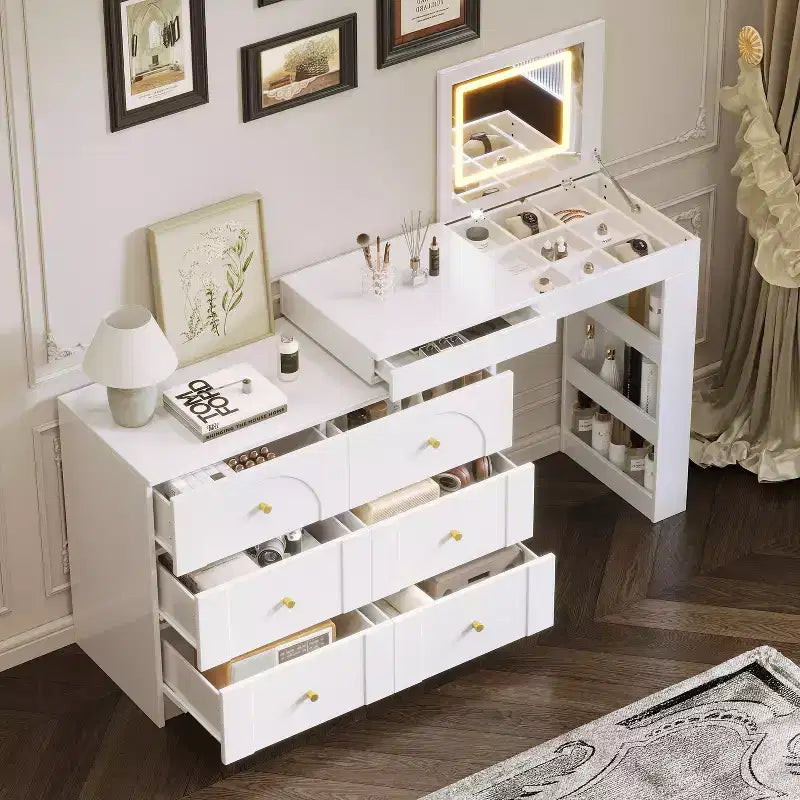 JVNOXK Vanity Desk with LED Mirror and Lights, Flip-Top Makeup Vanity Table with 7 Drawers, 9 Compartments, 3 Shelves, 3 Color Modes Adjustable, White