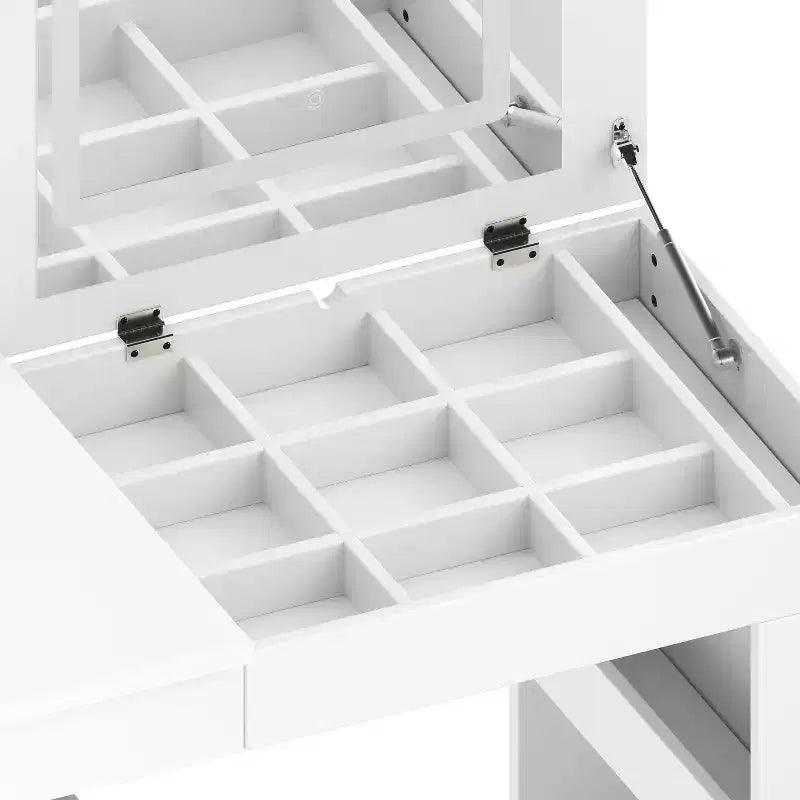 JVNOXK Vanity Desk with LED Mirror and Lights, Flip-Top Makeup Vanity Table with 7 Drawers, 9 Compartments, 3 Shelves, 3 Color Modes Adjustable, White