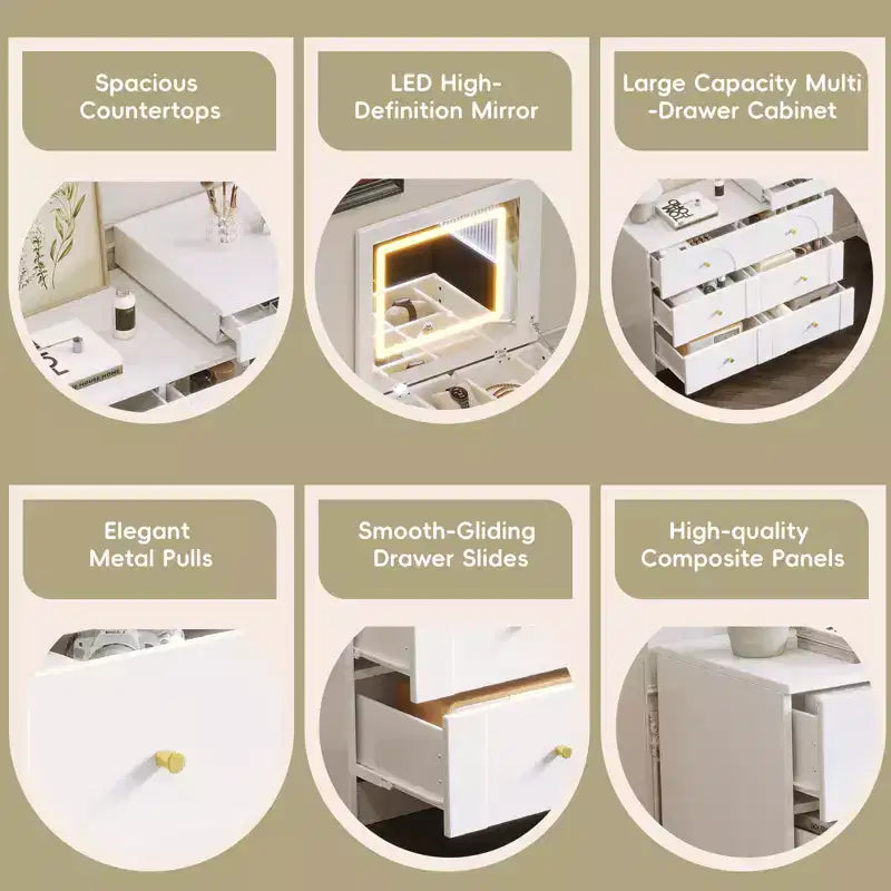 JVNOXK Vanity Desk with LED Mirror and Lights, Flip-Top Makeup Vanity Table with 7 Drawers, 9 Compartments, 3 Shelves, 3 Color Modes Adjustable, White