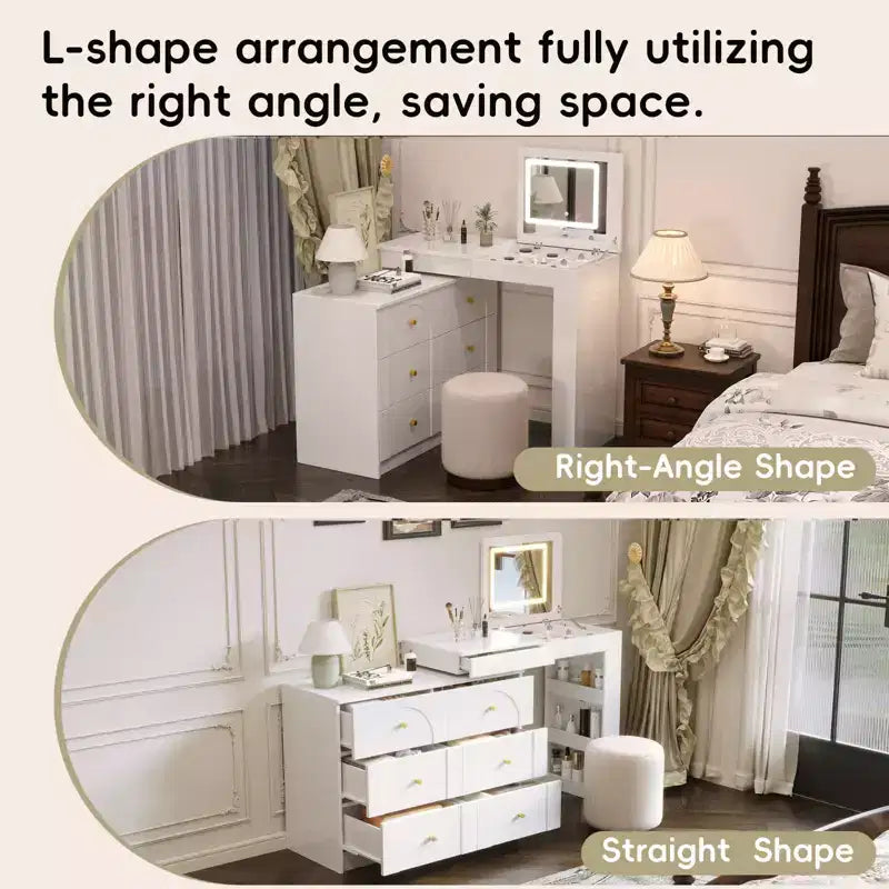 JVNOXK Vanity Desk with LED Mirror and Lights, Flip-Top Makeup Vanity Table with 7 Drawers, 9 Compartments, 3 Shelves, 3 Color Modes Adjustable, White