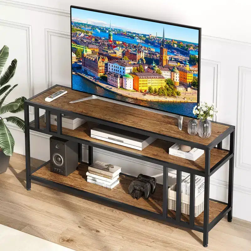 58 Rustic Brown TV Stand - for TVs Up to 65 Inches,Quadruple-Tube Support, Open Storage Shelves, Sturdy Entertainment Center for Living Room Bedroom