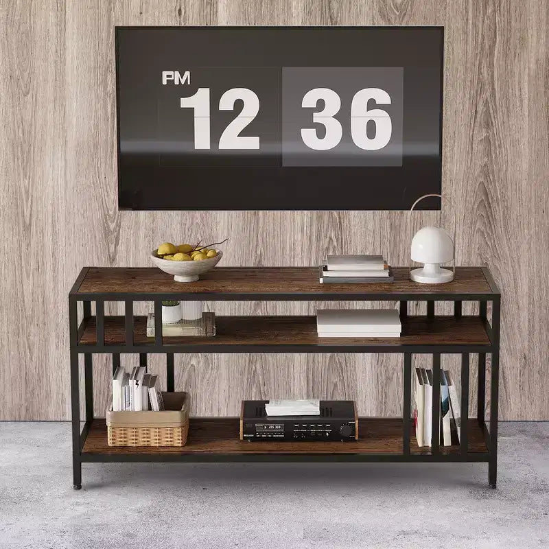 58 Rustic Brown TV Stand - for TVs Up to 65 Inches,Quadruple-Tube Support, Open Storage Shelves, Sturdy Entertainment Center for Living Room Bedroom
