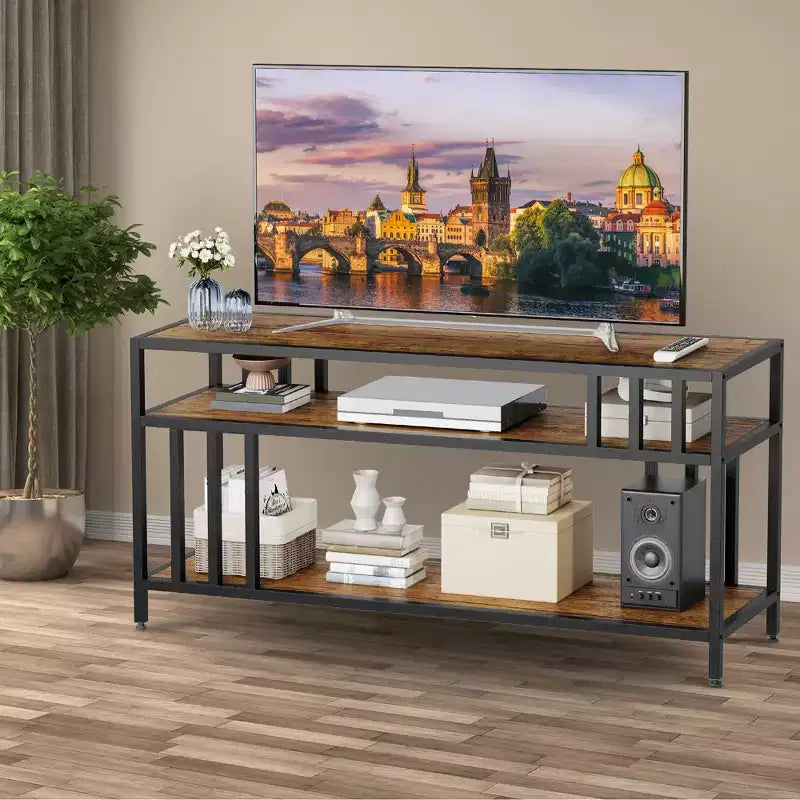 58 Rustic Brown TV Stand - for TVs Up to 65 Inches,Quadruple-Tube Support, Open Storage Shelves, Sturdy Entertainment Center for Living Room Bedroom