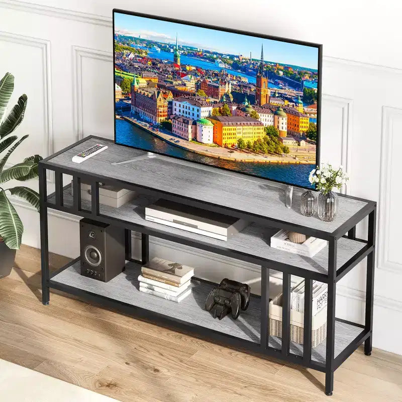 58 Rustic Brown TV Stand - for TVs Up to 65 Inches,Quadruple-Tube Support, Open Storage Shelves, Sturdy Entertainment Center for Living Room Bedroom