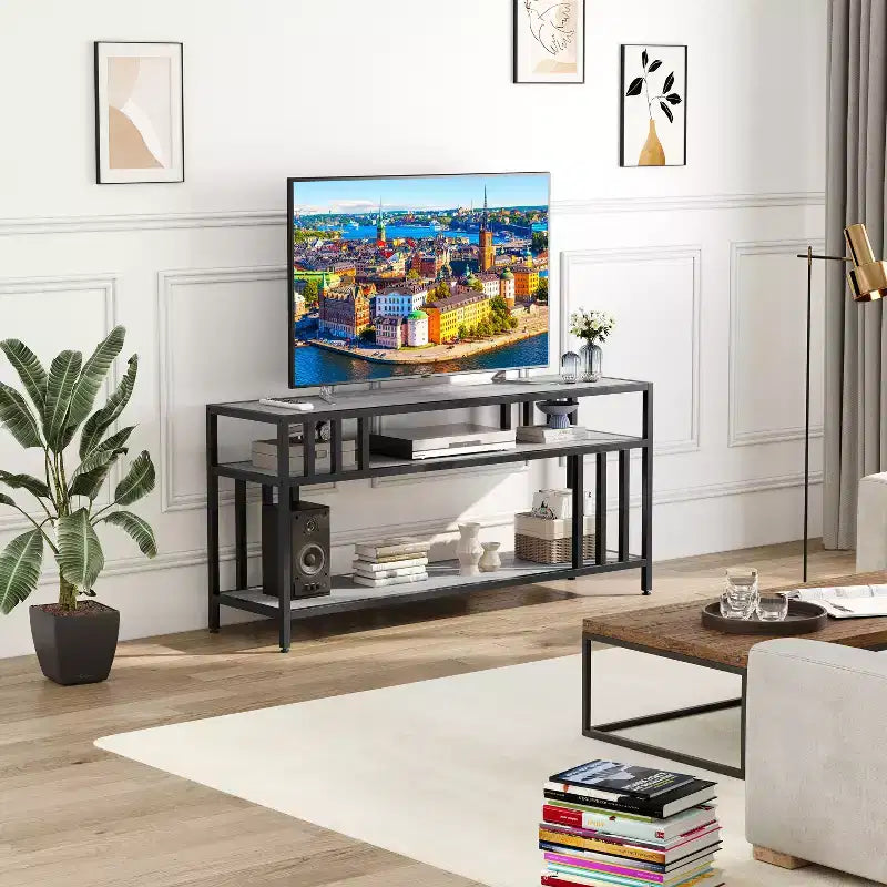 58 Rustic Brown TV Stand - for TVs Up to 65 Inches,Quadruple-Tube Support, Open Storage Shelves, Sturdy Entertainment Center for Living Room Bedroom
