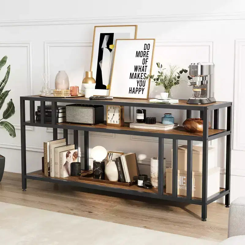 58 Rustic Brown TV Stand - for TVs Up to 65 Inches,Quadruple-Tube Support, Open Storage Shelves, Sturdy Entertainment Center for Living Room Bedroom