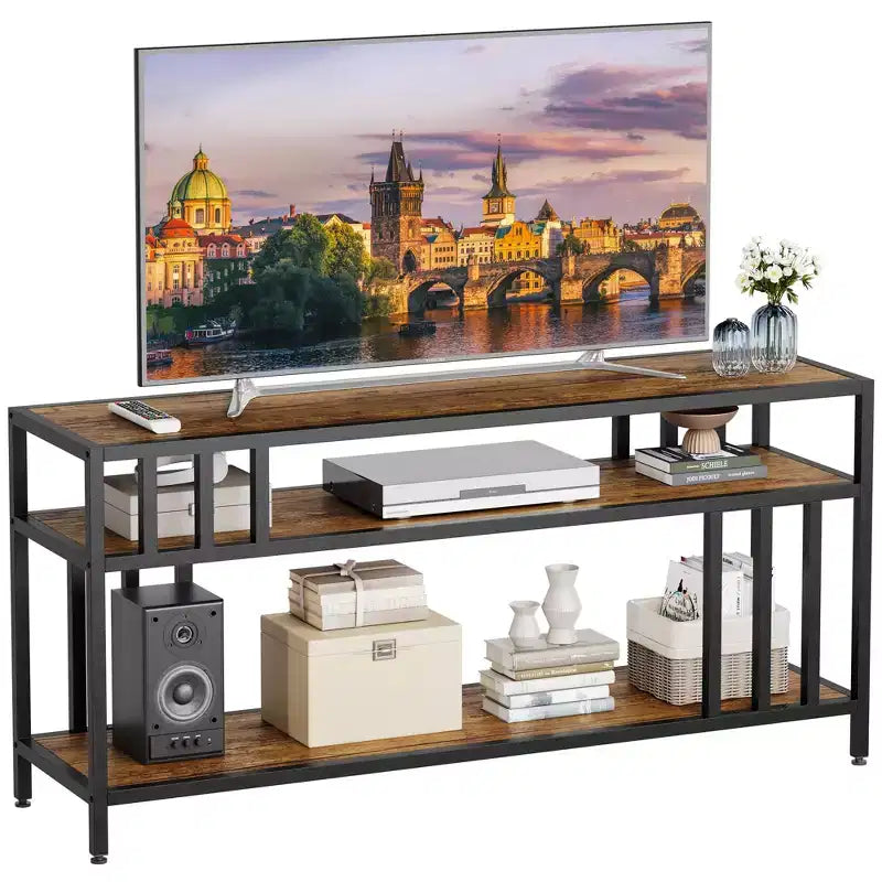Meuble TV rustique marron de 58 pouces – pour téléviseurs jusqu'à 65 pouces, support à quatre tubes, étagères de rangement ouvertes, meuble de divertissement robuste pour salon et chambre