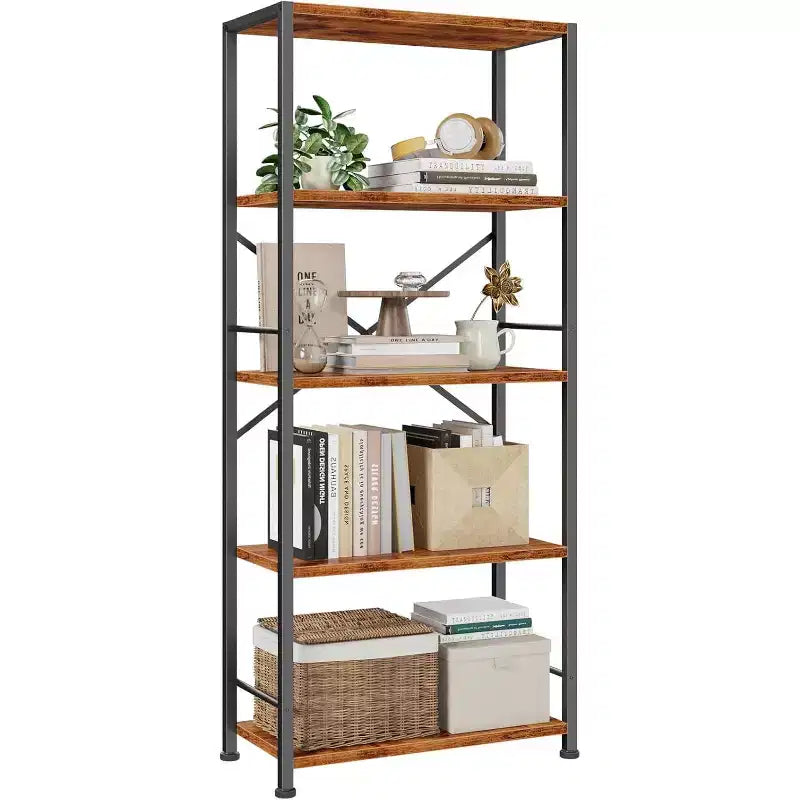 Qwatto Brown 5 Tier Tall Wide Bookshelf Wood Metal Industrial Open Display Shelving Unit Freestanding Etagere Bookcase Storage Organizer Living Room