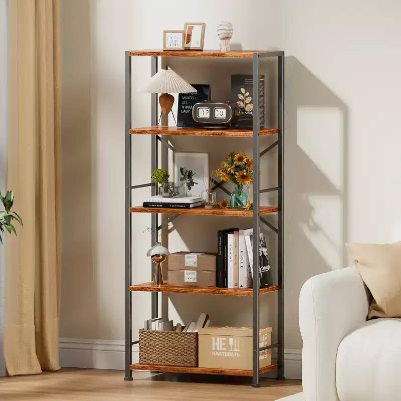 Qwatto Brown 5 Tier Tall Wide Bookshelf Wood Metal Industrial Open Display Shelving Unit Freestanding Etagere Bookcase Storage Organizer Living Room